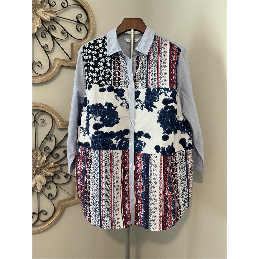 Allison Daley Womens Plus Size 18W  Button up Red White‎ Blue Pattern 3/4 Sleeve